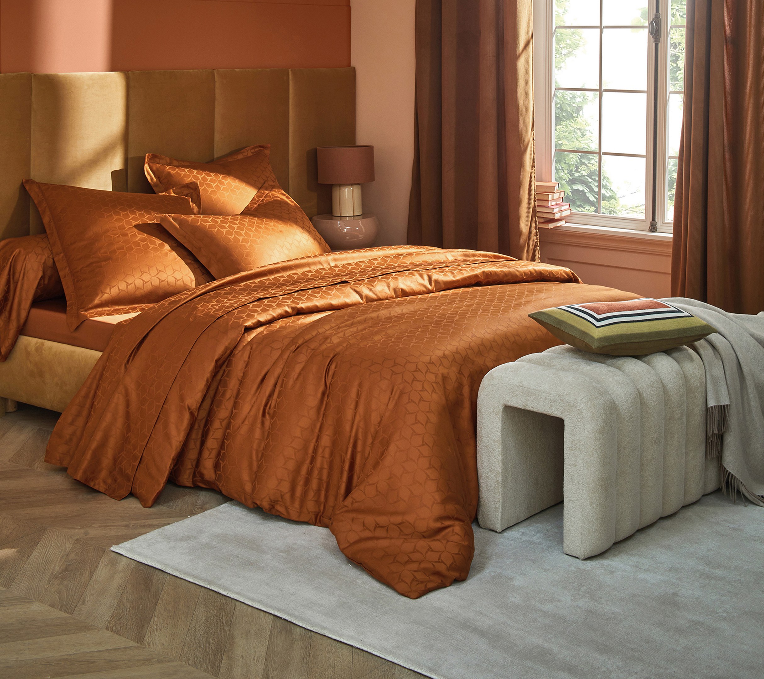 Linge de lit satin jacquard Eole Cognac Blanc des Vosges